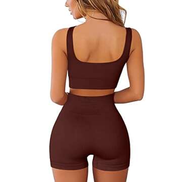 QINSEN High Waisted Booty Shorts for Women Ribbed Crop Tank Tops Seamless 2 Piece Outfits Coffee S