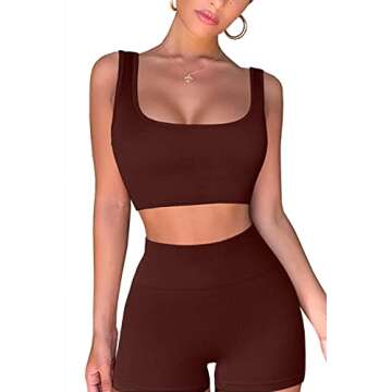 QINSEN High Waisted Booty Shorts for Women Ribbed Crop Tank Tops Seamless 2 Piece Outfits Coffee S