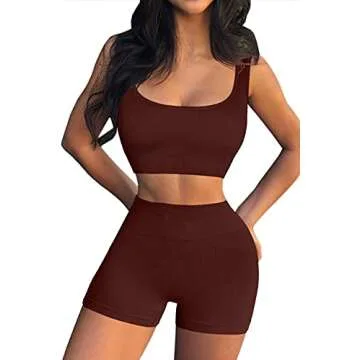 QINSEN High Waisted Booty Shorts for Women Ribbed Crop Tank Tops Seamless 2 Piece Outfits Coffee S