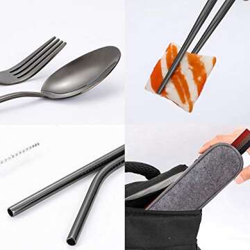 Black Travel flatware set with Case Stainless Steel silverware Tableware Set,Include Knife/Fork/Spoon/Straw (Portable black)