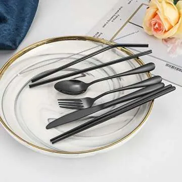 Black Travel flatware set with Case Stainless Steel silverware Tableware Set,Include Knife/Fork/Spoon/Straw (Portable black)