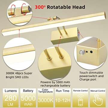 RAIFOOLLY Picture Light, Rechargeable Art Lights for Paintings,Remote Control Display Accent Light with Timer and Dimmable for Mirror,Frame,Portrait,Dart Board-Gold