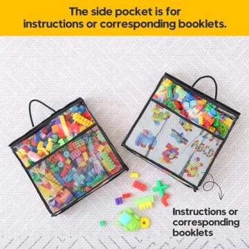 Remittur 10 PCS Clear Zippered Toy Storage Bags with handle, Kids Toy Storage Organizer with Mesh Pocket for Instructions, Playroom Toy Organizer Plastic Storage Bags for Blocks Set Puzzles,Small Toys