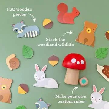 Petit Collage: Woodland Wobble | Wooden Stacking Game for Kids | Roll The Die and Stack The Objects on The Mushroom | Don't let The Tower Fall!| Great for Ages 4+