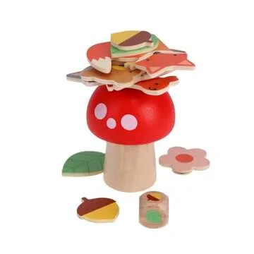 Petit Collage: Woodland Wobble | Wooden Stacking Game for Kids | Roll The Die and Stack The Objects on The Mushroom | Don't let The Tower Fall!| Great for Ages 4+