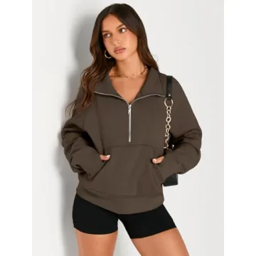 AUTOMET Womens Sweatshirts Half Zip Cropped Pullover Fleece Quarter Zipper Hoodies 2025 Fall Fashion Outfits Clothes Coffee Small