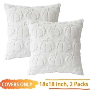 COSIBONO Pumpkin Fall Decorative Throw Pillow Covers 18"x18", Set of 2 Cream White Soft Faux Fur Pillow Covers for Autumn Harvest, Fluffy Plush Accent Pillow Cases for Farmhouse Couch Cushion Covers