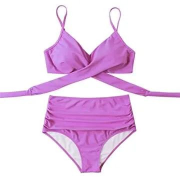 SUUKSESS Women High Waisted Bikini Push Up Wrap Bandage Swimsuits 2 Pieces (L, Purple)