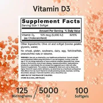 Jarrow Formulas Vitamin D3 125 mcg (5000 IU) - 100 Servings (Softgels) - Bone Health, Immune Support & Calcium Metabolism Support - Vitamin D Supplement - D3 Vitamins - 5000 IU Vitamin D - Gluten Free