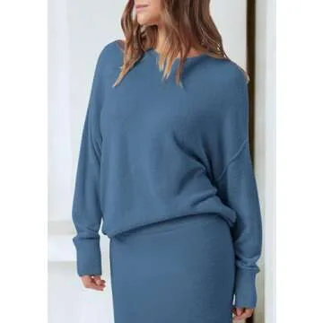 PRETTYGARDEN Women's Two Piece Matching Sweater Sets Knit Long Sleeve Pullover Tops Bodycon Long Maxi Skirts Fall Outfits (Grey Blue,Medium)