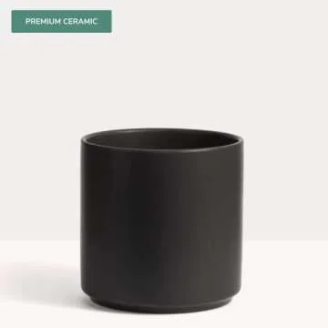 PEACH & PEBBLE 8 Inch Black Ceramic Planter. Classic Cylinder Plant Pot for House Plants and Indoor Plants (Drainage + Stopper Included).