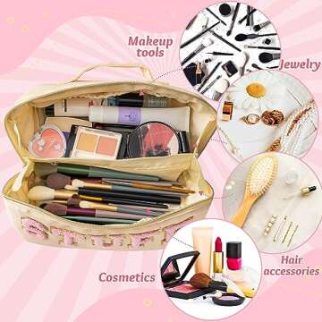 Y1tvei Travel Makeup Bag Gift, Large Capacity Cosmetic Bags, Nylon Stony Clover Makeup Bag Preppy Patch Makeup Bag Pink Stuff Chenille Letter Pouch Stuff Pouch Wide Open Makeup Bag Preppy Pouch