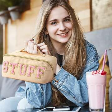 Y1tvei Travel Makeup Bag Gift, Large Capacity Cosmetic Bags, Nylon Stony Clover Makeup Bag Preppy Patch Makeup Bag Pink Stuff Chenille Letter Pouch Stuff Pouch Wide Open Makeup Bag Preppy Pouch