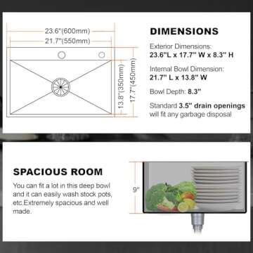 DuyviSteil 24 Inch Kitchen Sink Drop-in, Stainless Steel Top Mount Workstation Sink, Single Bowl Kitchen Sinks with Basket Strainer, D24"xW18"xH9" (Nano)