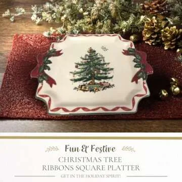 Spode Christmas Tree Ribbons Square Platter - 11-Inch Holiday Serving Plate for Desserts, Appetizers...