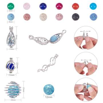 SUNNYCLUE 1 Box DIY 9PCS Hollow Bead Cage Pendant Necklace Earrings Jewelry Making Kit Aromatherapy Essential Oil Diffuser Locket Cage Charms Lava Chakra Gemstone Beads Chain Earring Hook,Instruction