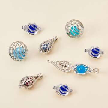 SUNNYCLUE 1 Box DIY 9PCS Hollow Bead Cage Pendant Necklace Earrings Jewelry Making Kit Aromatherapy Essential Oil Diffuser Locket Cage Charms Lava Chakra Gemstone Beads Chain Earring Hook,Instruction