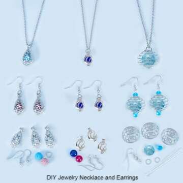 SUNNYCLUE 1 Box DIY 9PCS Hollow Bead Cage Pendant Necklace Earrings Jewelry Making Kit Aromatherapy Essential Oil Diffuser Locket Cage Charms Lava Chakra Gemstone Beads Chain Earring Hook,Instruction