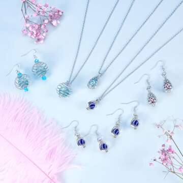 SUNNYCLUE 1 Box DIY 9PCS Hollow Bead Cage Pendant Necklace Earrings Jewelry Making Kit Aromatherapy Essential Oil Diffuser Locket Cage Charms Lava Chakra Gemstone Beads Chain Earring Hook,Instruction