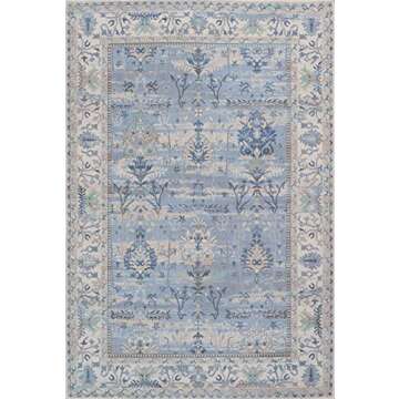 Adiva Rugs Machine Washable 5x7 Area Rug with Non Slip Backing for Living Room, Bedroom, Bathroom, Kitchen, Printed Vintage Home Decor, Floor Decoration Carpet Mat (Blue, 5' x 7')