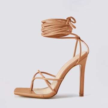 PiePieBuy Women's Lace Up Heeled Sandals Square Flip Flop High Heels Strappy Party Shoes,Taupe,Size ...