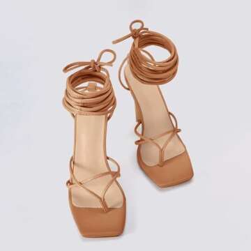 PiePieBuy Women's Lace Up Heeled Sandals Square Flip Flop High Heels Strappy Party Shoes,Taupe,Size 7