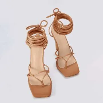 PiePieBuy Women's Lace Up Heeled Sandals Square Flip Flop High Heels Strappy Party Shoes,Taupe,Size 7