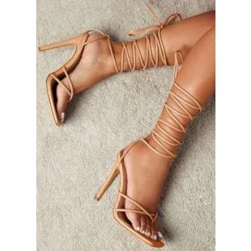 PiePieBuy Women's Lace Up Heeled Sandals Square Flip Flop High Heels Strappy Party Shoes,Taupe,Size 7