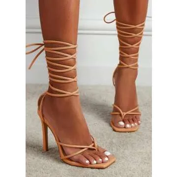 PiePieBuy Women's Lace Up Heeled Sandals Square Flip Flop High Heels Strappy Party Shoes,Taupe,Size 7