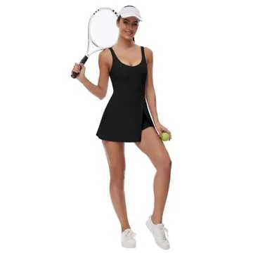 FOMELY Tennis Dress with Built in Shorts and Bra Women U Neck Athletic Dress Golf Dresses for Women Side Slit Workout Dress Flare Mini Dresses Black