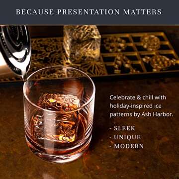 Clear Ice Cube Maker Design Tray - Craft Modern Ice Molds for Bourbon & Cocktails in 5 Seconds - Whiskey Mold Cube Stamp – Bartender Accessories - Copper Ice Press Cocktails by Ash Harbor (Holidays)