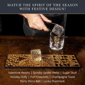 Clear Ice Cube Maker Design Tray - Craft Modern Ice Molds for Bourbon & Cocktails in 5 Seconds - Whiskey Mold Cube Stamp – Bartender Accessories - Copper Ice Press Cocktails by Ash Harbor (Holidays)