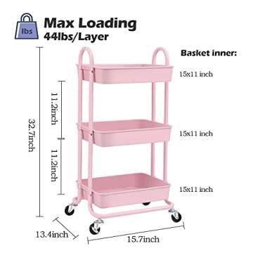 TOOLF Utility Cart, 3 Tier Rolling Storage Cart with Wheels, Storage Organizer for Lash Makeup Diaper Baby Nursery, Serving Baskets Trolley for Home, Office, Kitchen, Bathroom (Pink)