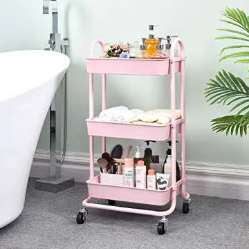 TOOLF 3 Tier Rolling Storage Cart with Wheels - Pink
