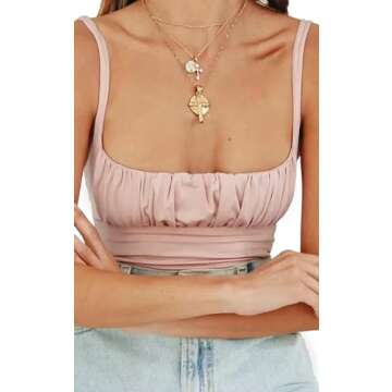 BEJONS Women Y2k Pink Corset Like Going Out Ruched Crop Tank Top Cute Square Neck Double Lined Ruffle Brami Camisole Teen Clothes Dressy Summer Basic Dance Concert Outfit Light Coral M