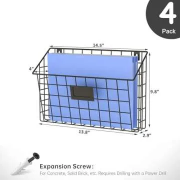 X-cosrack 4-Tier Hanging Wall File Holder Vertical Wall Mount Metal Wall File Organizer with Tag Slot Document Magazine Rack Mail Organizer for Office Home, Black