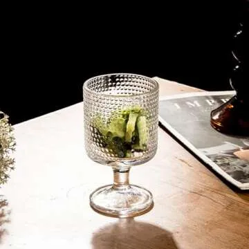 ZOOFOX Set of 6 Romantic Vintage Goblet Glasses, 8 oz Embossed Short Stem Wine Glasses, Hobnail Drinking Glasses Set for Juice, Cocktail, Wine, Party, Bar