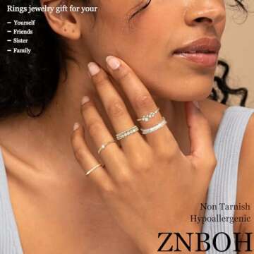 ZNBOH Gold Silver Plated Stacking Rings Set for Women 14K Dainty Stackable Thumb Knuckle Cute Ring for Women Pinky Finger Fashion Band Thin Simple Plain Chain CZ Rings Size 6-11