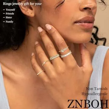 ZNBOH Gold Silver Plated Stacking Rings Set for Women 14K Dainty Stackable Thumb Knuckle Cute Ring for Women Pinky Finger Fashion Band Thin Simple Plain Chain CZ Rings Size 6-11