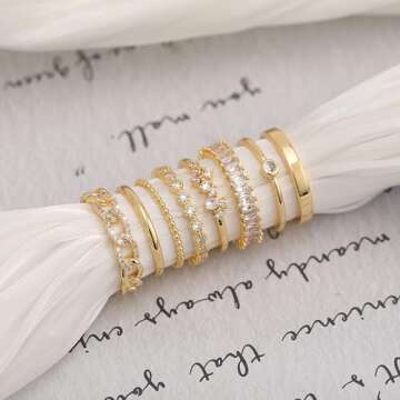 ZNBOH Gold Silver Plated Stacking Rings Set for Women 14K Dainty Stackable Thumb Knuckle Cute Ring for Women Pinky Finger Fashion Band Thin Simple Plain Chain CZ Rings Size 6-11