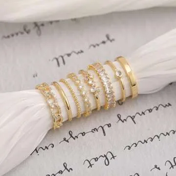 ZNBOH Gold Silver Plated Stacking Rings Set for Women 14K Dainty Stackable Thumb Knuckle Cute Ring for Women Pinky Finger Fashion Band Thin Simple Plain Chain CZ Rings Size 6-11