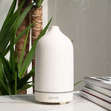 Kumi Stone Diffuser, White Ceramic Cover, Ultrasonic Technology for Aromatherapy and Diffusing Essential Oils (White)