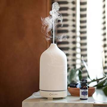 Kumi Stone Diffuser, White Ceramic Cover, Ultrasonic Technology for Aromatherapy and Diffusing Essential Oils (White)