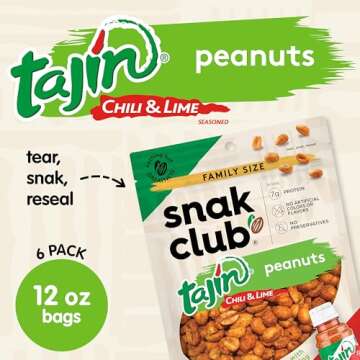Snak Club Tajin Peanuts, Roasted Nuts with Chili and Lime Seasoning, Mild, Gluten-Free, Kosher Snack...