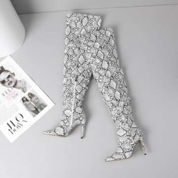 perixir Women Snakeskin Thigh High Boots with Heels
