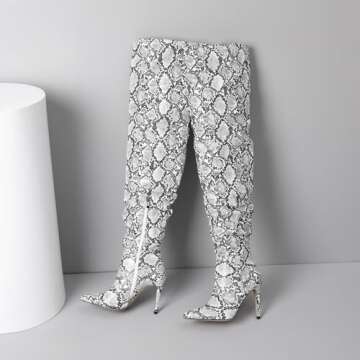 perixir Women Snakeskin Thigh High Boots with Heels