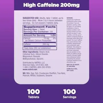 Natrol High Caffeine 200 mg per Serving, Energy Support Supplement for Adults, 100 Tablets, 100 Day Supply