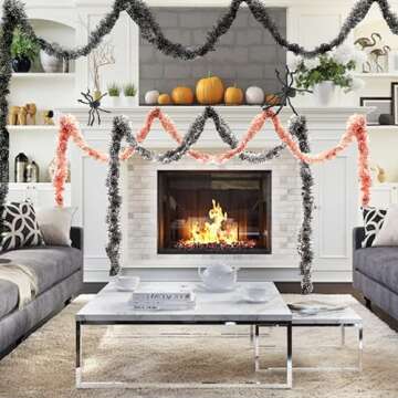 Allgala Black Tinsel Garland, 50 Feet Christmas Metallic Foil Tinsel Garland Decoration for Holiday Tree Walll Rail Home Office Event Fall Thanksgiving Halloween Decoration