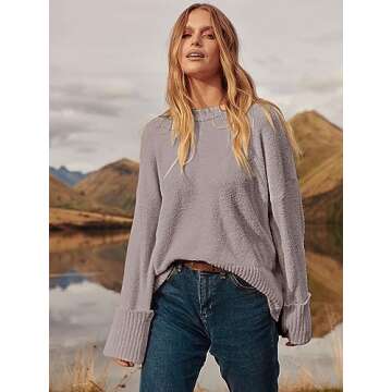 ANRABESS Women's Oversized Crewneck Long Sleeve Fuzzy Knit Casual Chunky Warm 2024 Fall Pullover Sweaters Top Trendy Outfits Purple Medium