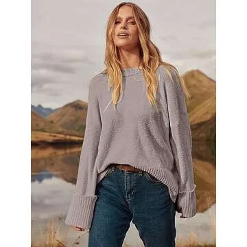 ANRABESS Women's Oversized Crewneck Long Sleeve Fuzzy Knit Casual Chunky Warm 2024 Fall Pullover Sweaters Top Trendy Outfits Purple Medium